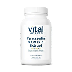 Vital Nutrients Pancreatin & Ox Bile capsules bottle cap supports digestion after meals.