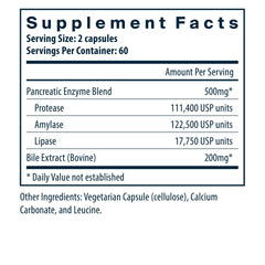 Vital Nutrients Pancreatin & Ox Bile capsules close-up highlights enzymes for fat and protein digestion.