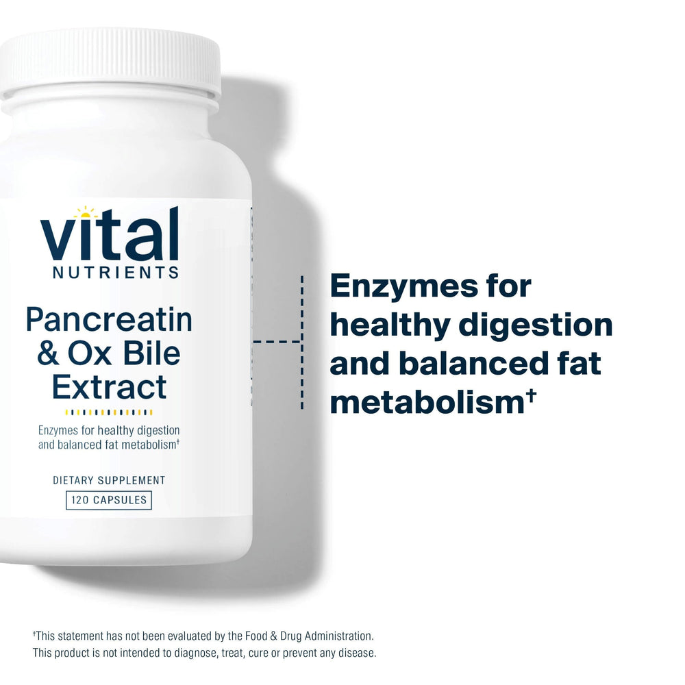 Vital Nutrients Pancreatin & Ox Bile supplement pack showcases clean label formula.