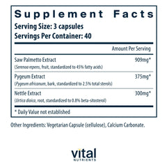Vital Nutrients prostate-support bottle highlighting vegan, gluten-free formula.