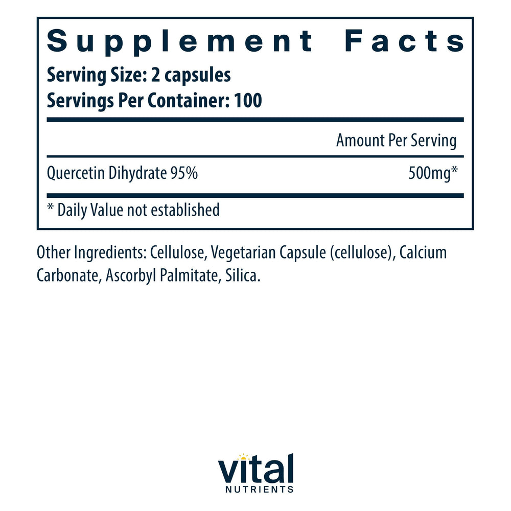 Vital Nutrients Quercetin bottle front label highlighting vegan, gluten-free and dairy-free formulation
