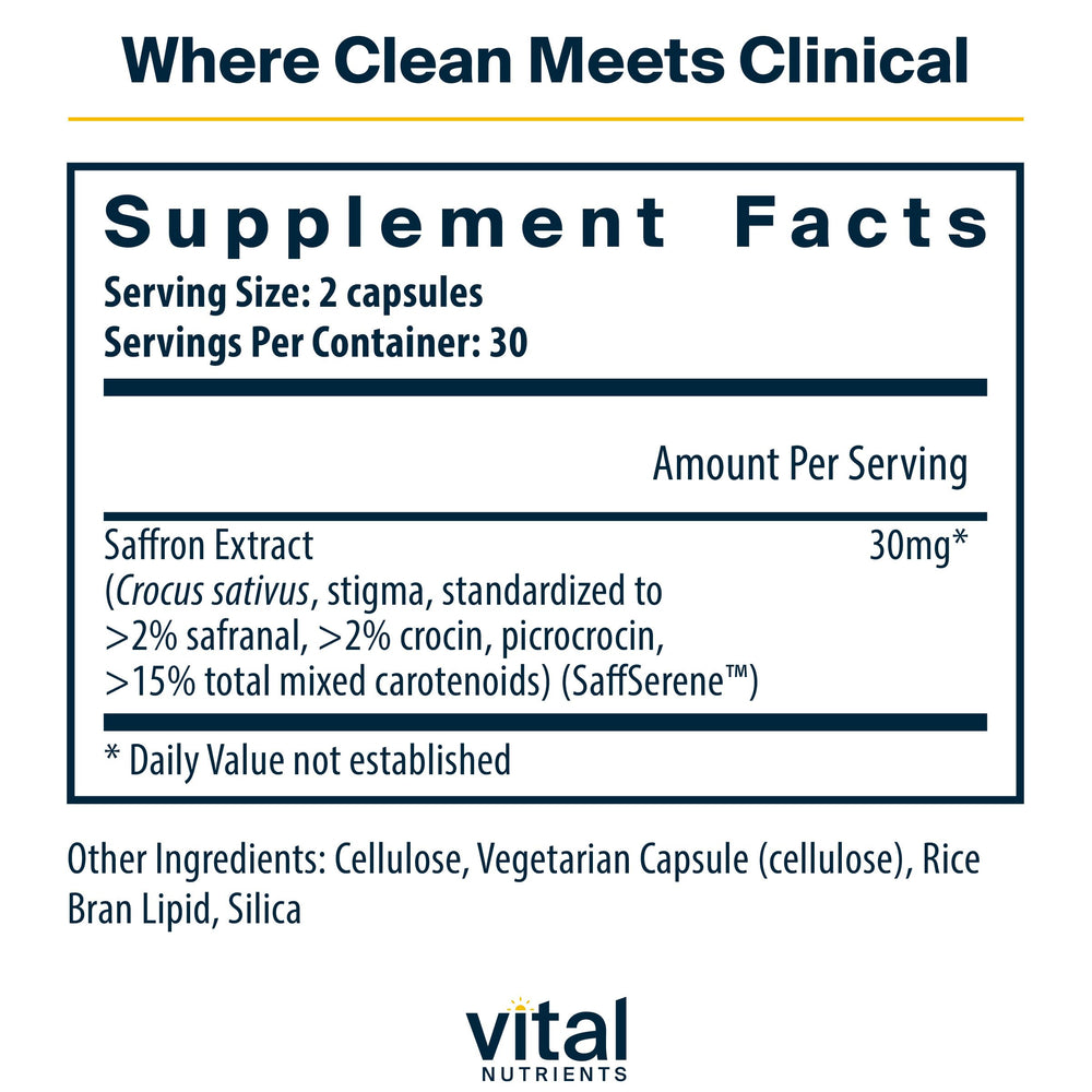 Vital Nutrients saffron extract capsules closeup demonstrates easy-to-swallow daily support