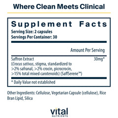 Vital Nutrients saffron extract capsules closeup demonstrates easy-to-swallow daily support