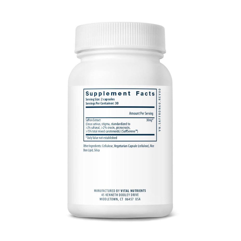 Vital Nutrients saffron extract label closeup emphasizes purity and third-party testing