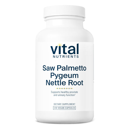 Vital Nutrients saw palmetto-pygeum-nettle capsules for daily prostate support.