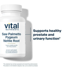 Vital Nutrients ingredient trio close-up: saw palmetto, pygeum, nettle root for balance