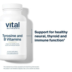 Vital Nutrients Tyrosine and B Vitamins label highlights non-GMO, gluten-free formula