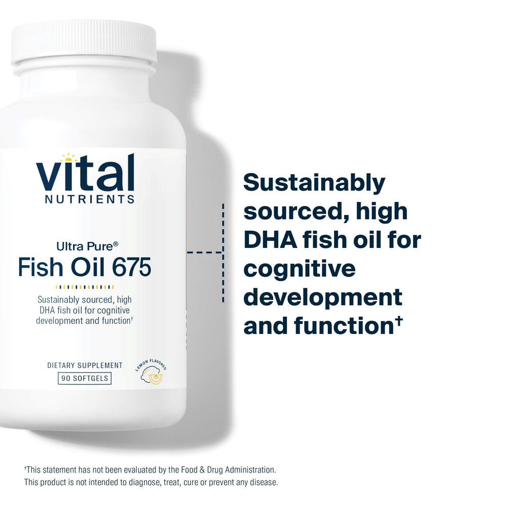Vital Nutrients Ultra Pure Fish Oil 675 label highlighting clean, non-GMO formula