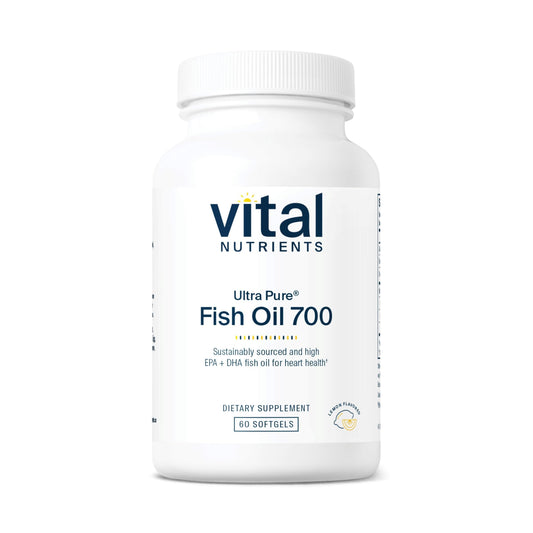 Vital Nutrients Ultra Pure Fish Oil 700 lemon bottle highlights sustainable purity and omega-3 benefits