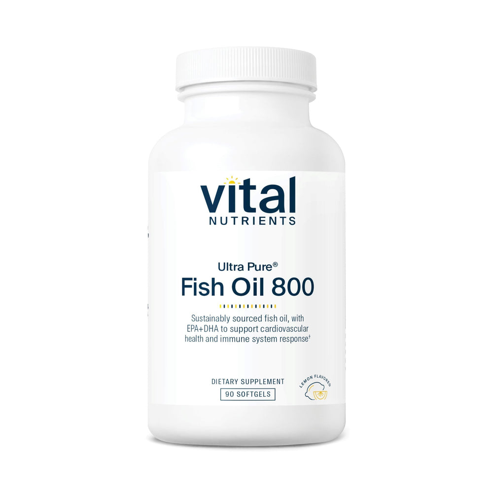 Vital Nutrients Ultra Pure Fish Oil 800 bottle with lemon label supports heart and brain wellness.