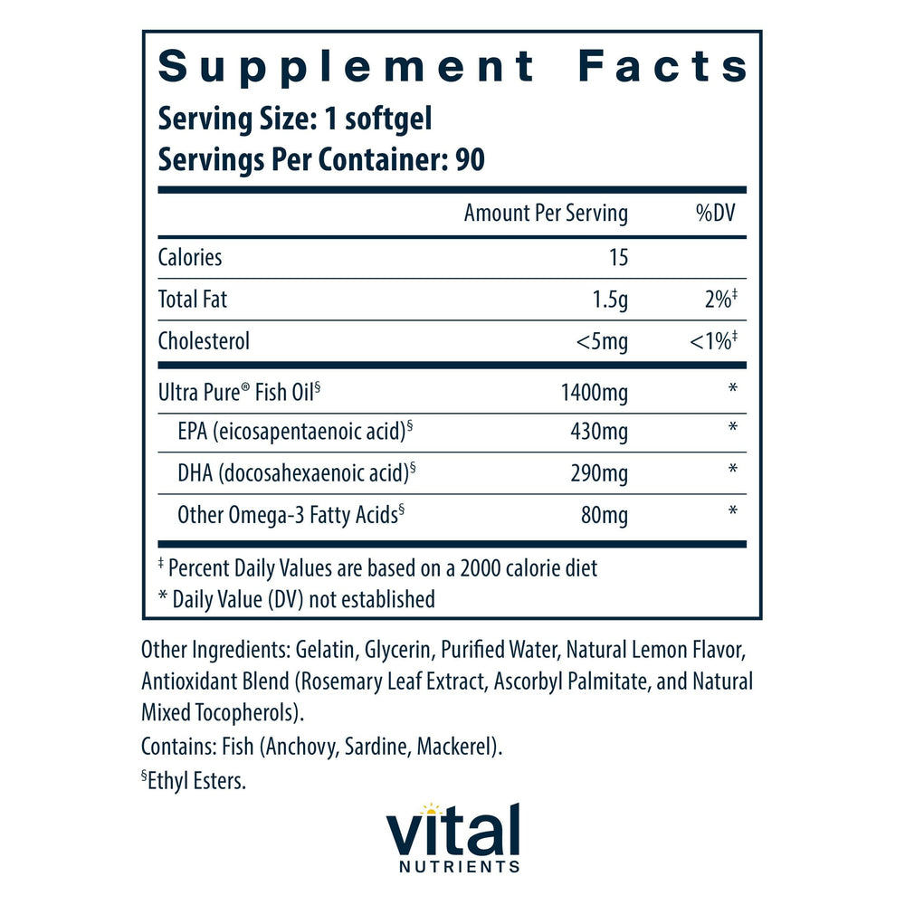 Ultra Pure Fish Oil 800 softgels close-up highlighting EPA and DHA content for cardiovascular support.