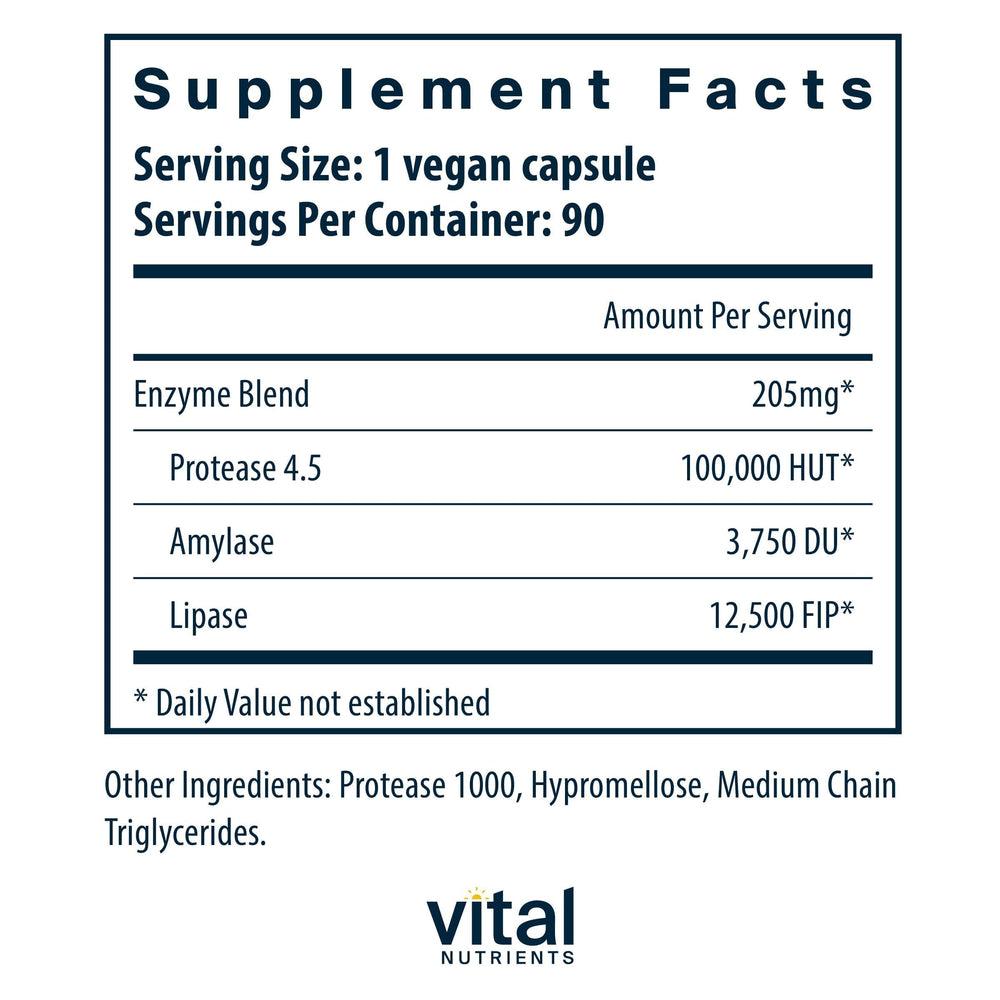 Vital Nutrients vegan pancreatic enzymes label closeup showing vegan blend and pH versatility
