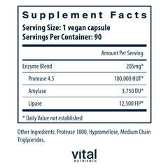 Vital Nutrients vegan pancreatic enzymes label closeup showing vegan blend and pH versatility