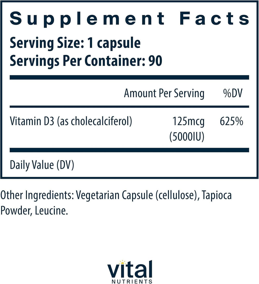 Vital Nutrients Vitamin D 5000 IU capsules close-up highlighting easy-to-swallow design for daily use