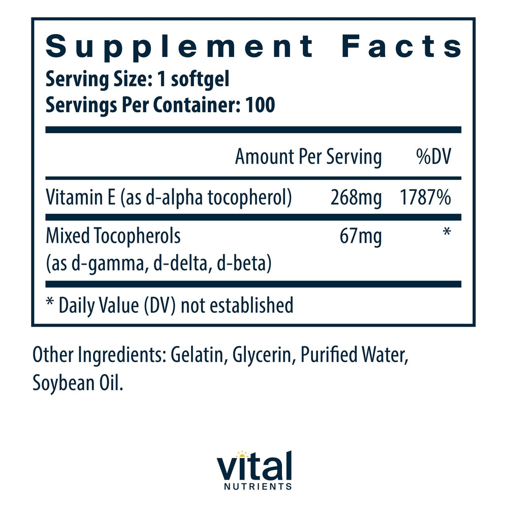 Vital Nutrients Vitamin E softgels close-up for daily cardiovascular wellness.