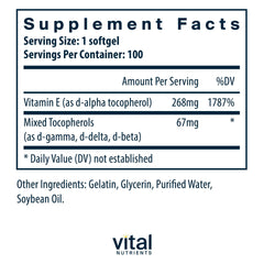 Vital Nutrients Vitamin E softgels close-up for daily cardiovascular wellness.