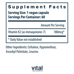 Vital Nutrients Vitamin K2-7 capsules closeup highlighting purity and vegan origin