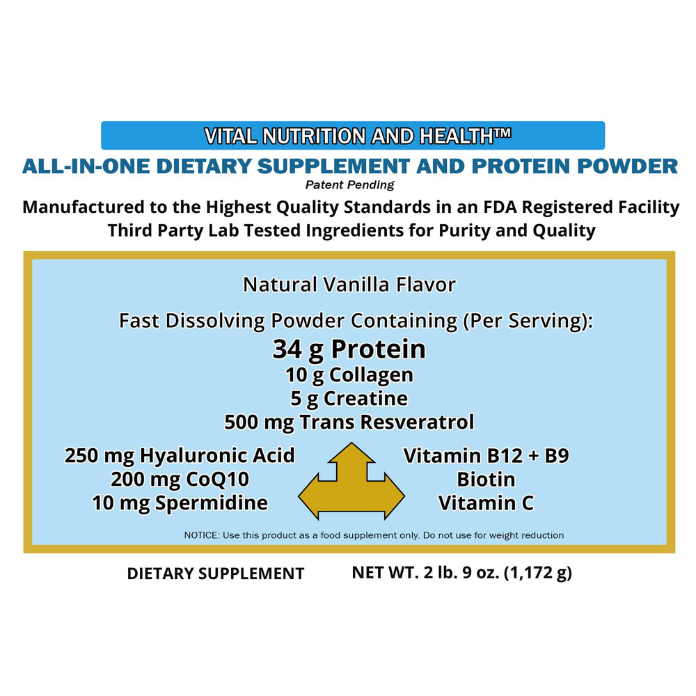 Vital Nutrition and Health all-in-one powder bottle label close-up highlighting ingredients and quality
