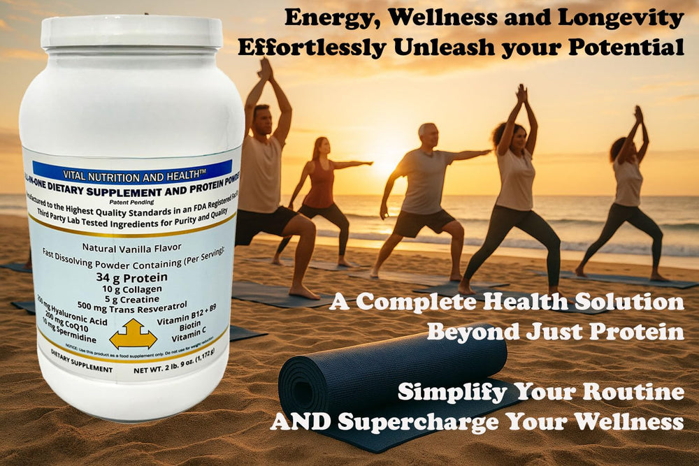 Vital Nutrition and Health all-in-one powder in a glass with milk for a ready-to-drink option