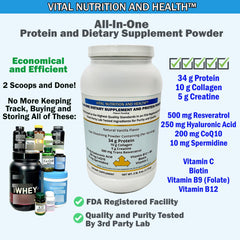Scoop with Vital Nutrition and Health all-in-one powder showing portion control for convenient daily use