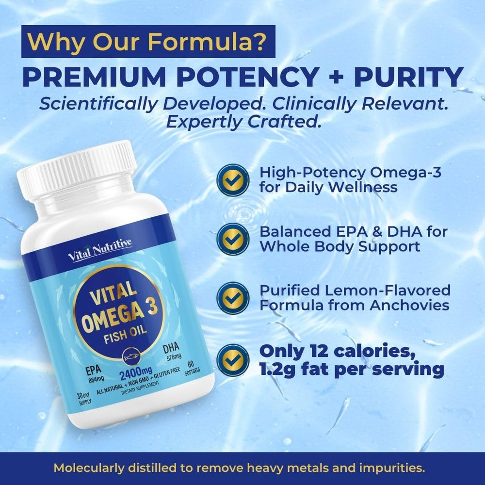 Vital Nutritive lemon-flavored softgels emphasize clean, burp-free omega-3 experience.