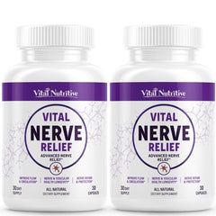 Vital Nutritive Nerve Relief bottle front showing vegan formula for daily nerve comfort.