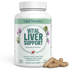 Vital Nutritive Vital Liver Support bottle on counter, premium liver health formula.