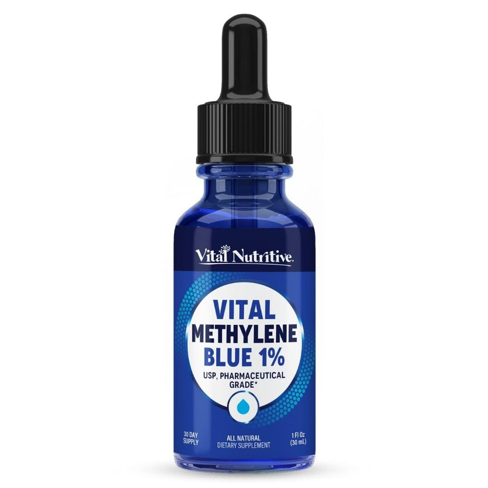 Vital Nutritive Methylene Blue Drops bottle: pharmaceutical-grade formula supports focused energy.
