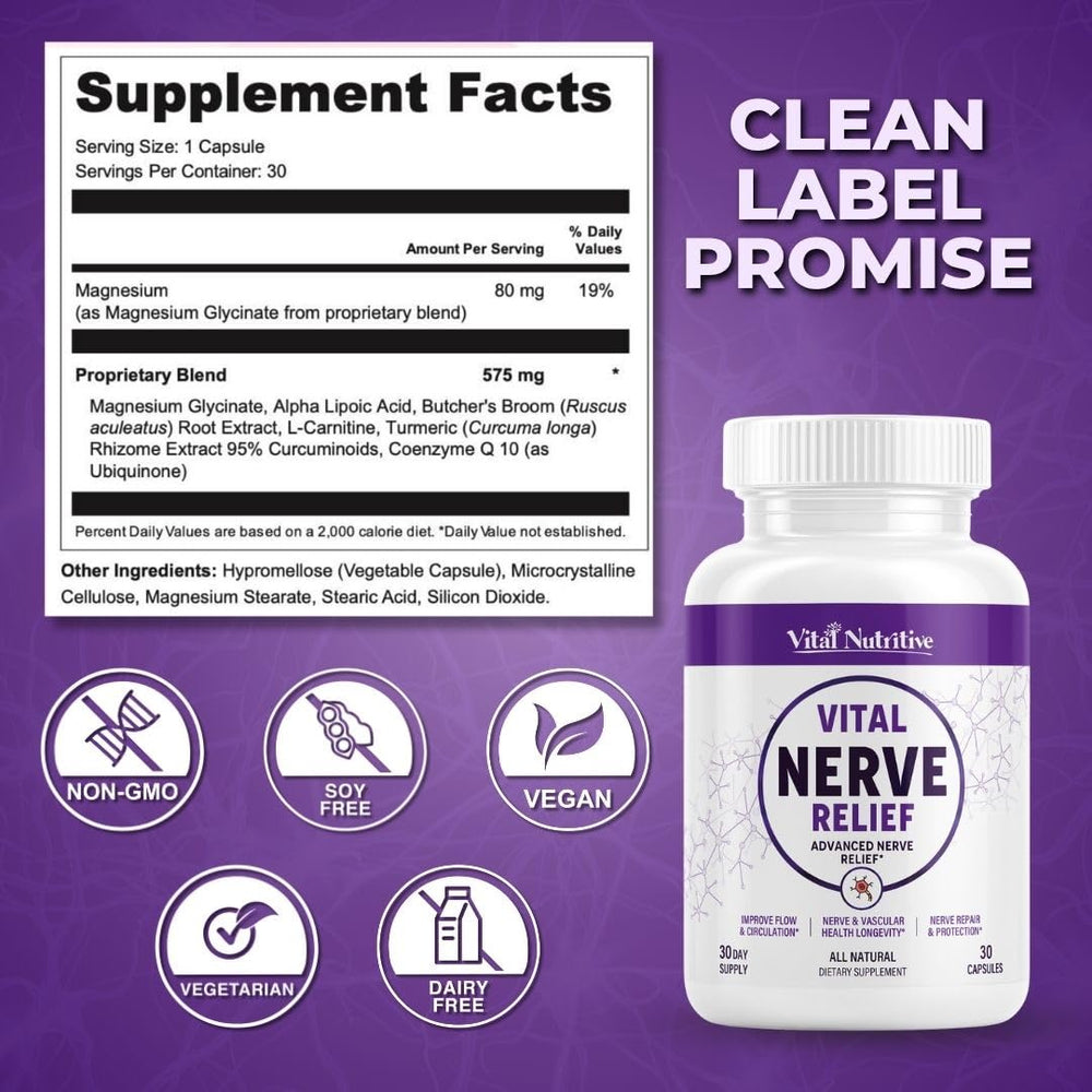 Vital Nutritive nerve supplement bottle beside glass of water for daily routine.
