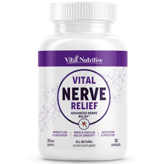 Vital Nutritive Vital Nerve Supplement bottle with label and capsules for daily nerve comfort.