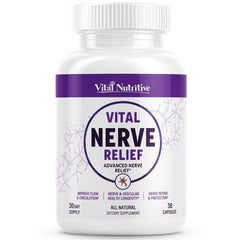 Vital Nutritive Vital Nerve Supplement bottle with label and capsules for daily nerve comfort.