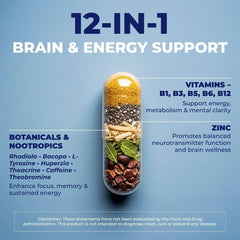 Vital Nootropic bottle label highlights 12-in-1 formula for memory support.