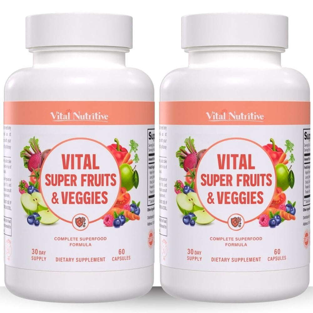 Vital Nutritive Vital Super Fruits & Veggies bottle on shelf for daily vitality.