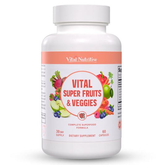 VITAL NUTRITIVE Vital Super Fruits & Veggies bottle with daily capsules for busy lifestyles.
