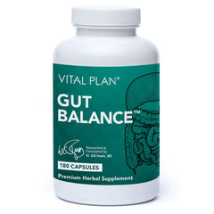 Vital Plan Gut Balance bottle on a kitchen counter supporting daily digestive comfort.