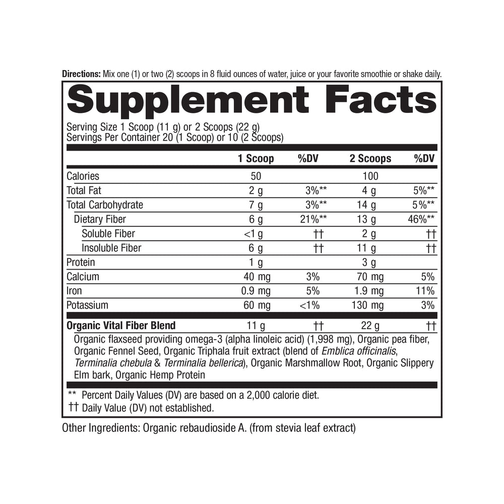 Vital Planet Advanced Fiber powder being scooped to stir into smoothies for easy daily fiber