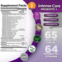 Intense Care capsules close-up showing acid-resistant design for targeted intestinal delivery.