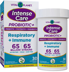 Vital Planet Intense Care Respiratory bottle highlighting daily support for respiratory and immune balance.