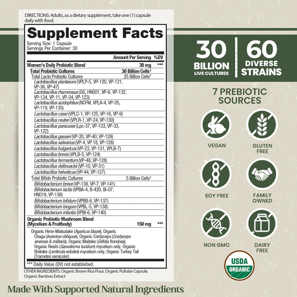 Vital Planet Organic Flora Probiotics for Women capsules close-up highlights 30 billion CFU and diverse strains.
