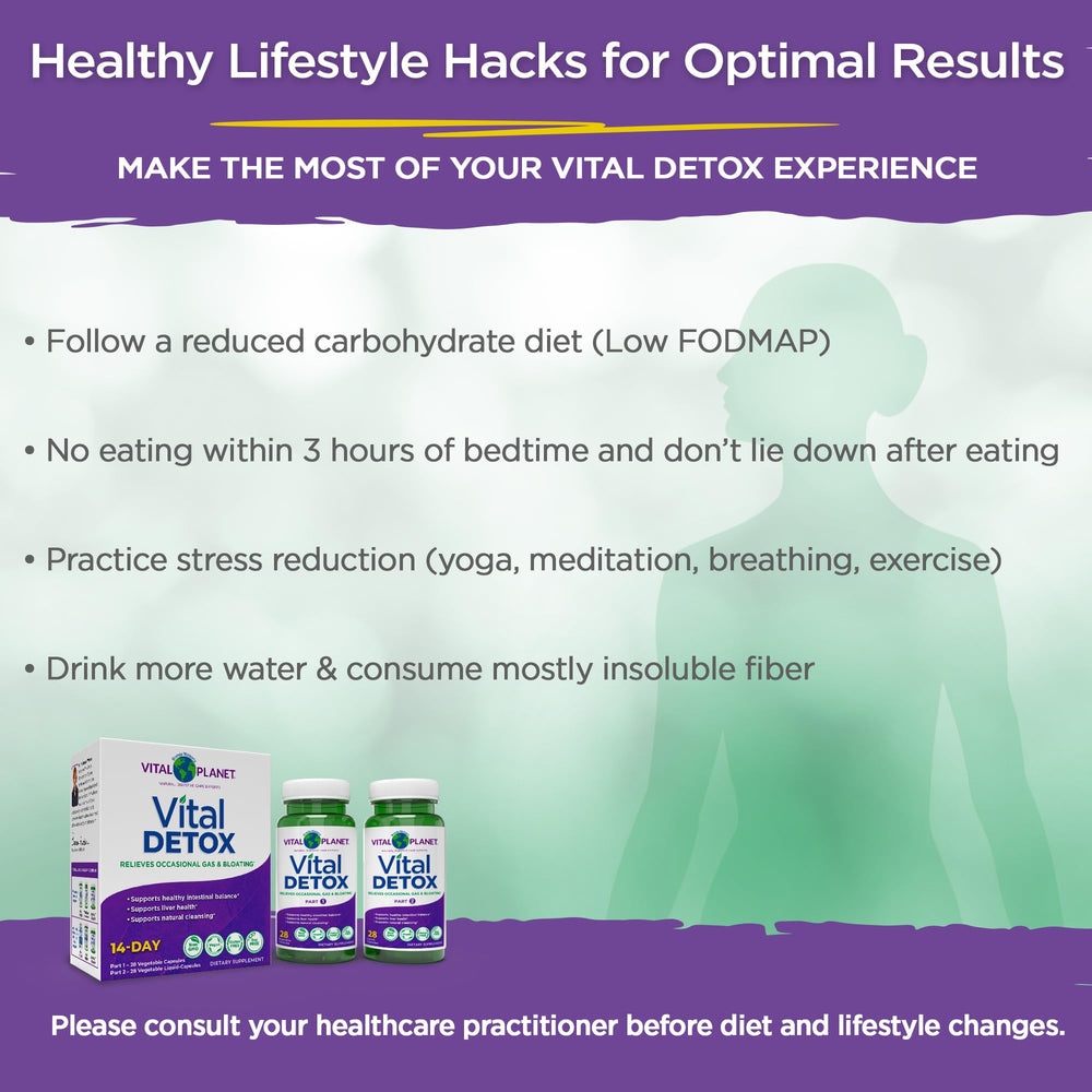 Vital Detox liquid concentrate visuals hint at oregano, thyme, clove, and cinnamon blends for upper GI balance