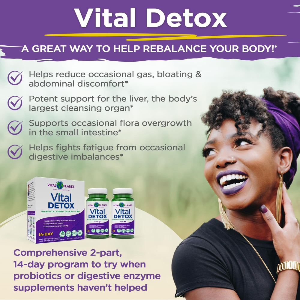 Vital Detox packaging emphasizes vegan, non-GMO, and clean ingredients
