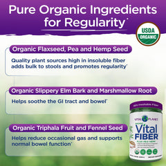 Vital Planet Vital Fiber powder ingredients highlight flax, pea, and hemp for gut-friendly nutrition.