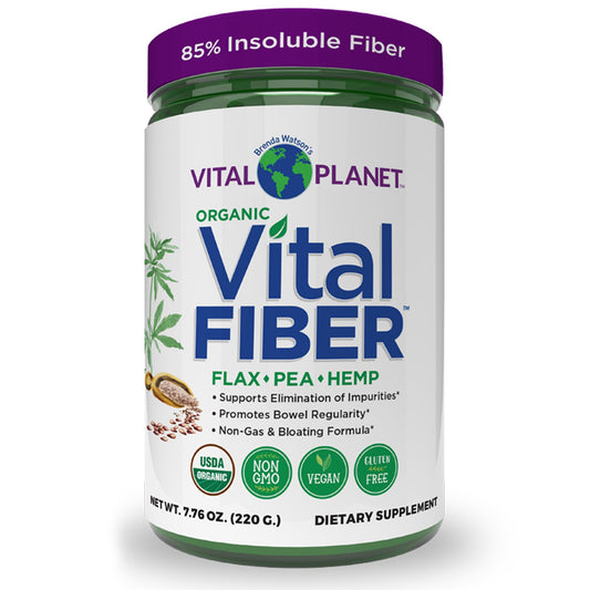 Vital Planet Vital Fiber powder tub showing organic blend for daily digestive balance.