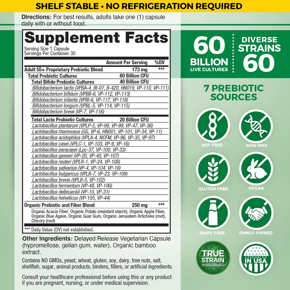 Vital Planet Vital Flora 55+ capsules ready for daily immune support.