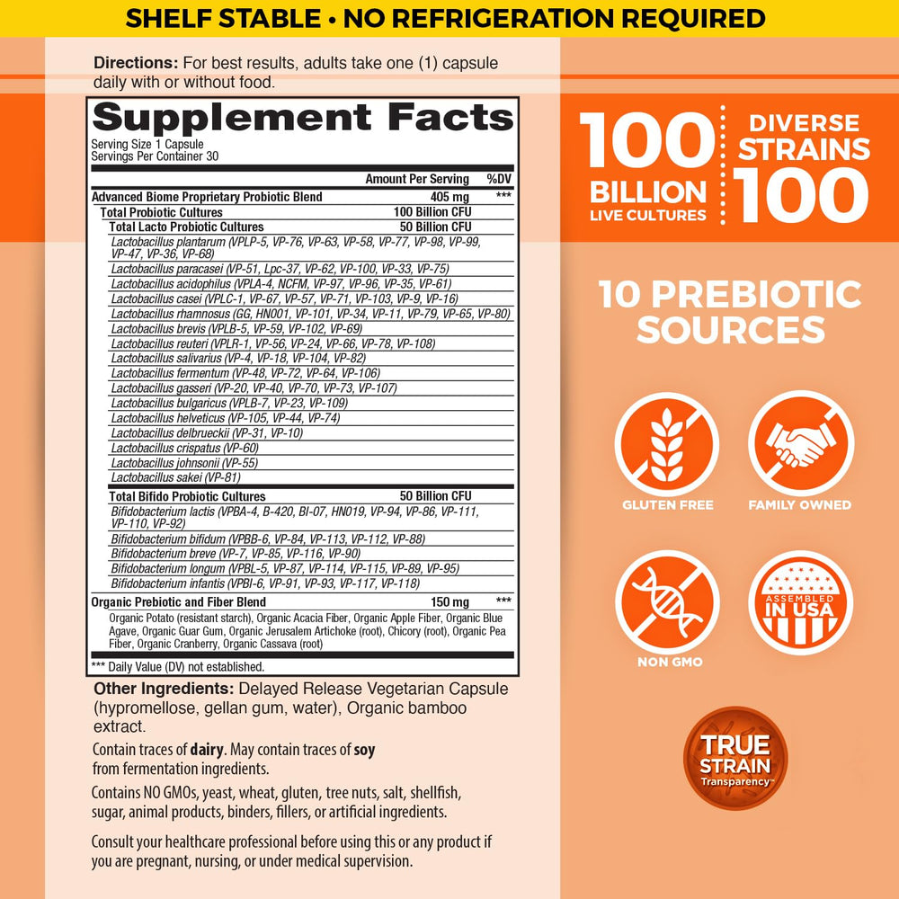 Vital Planet Vital Flora Advanced Probiotic bottle back label highlights 100B CFU and strains