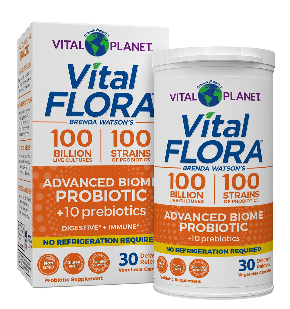 Vital Planet Vital Flora Advanced Probiotic bottle front promotes daily gut support