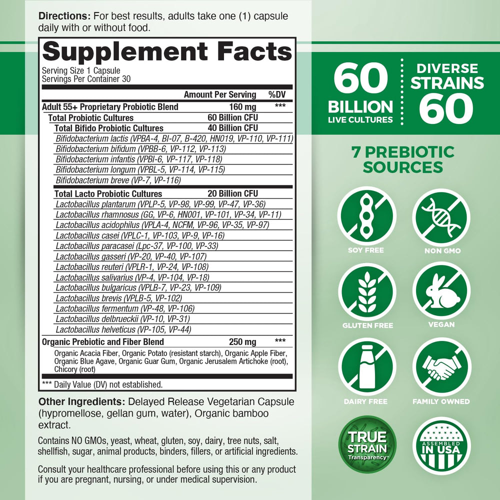 Vital Planet Vital Flora bottle label close-up, 60B CFU and 60 strains highlighted.