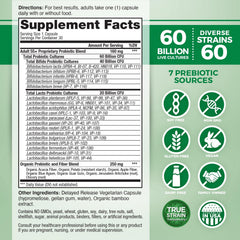Vital Planet Vital Flora bottle label close-up, 60B CFU and 60 strains highlighted.