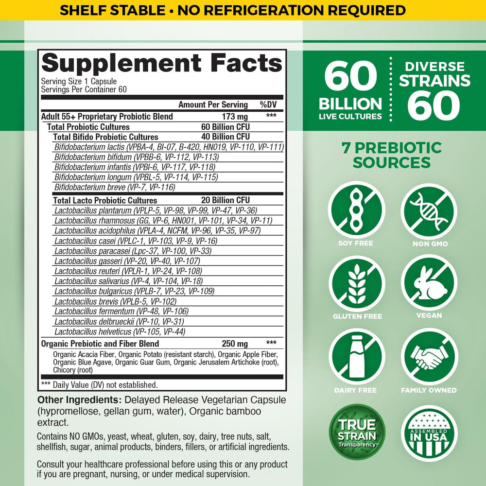 Vital Planet Vital Flora capsules closeup emphasizing 60 billion CFU and capsule design.