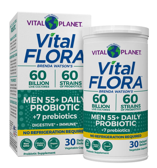 Vital Planet Vital Flora Men 55+ bottle promotes mature gut balance.